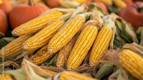 Fototapeta Fresh corn on the cob displayed at a fall market with pumpkins nearby in a colorful harvest setting.