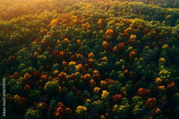 Fototapeta Vibrant aerial shot of an expansive forest transitioning into autumn, with a stunning palette of red, orange, and yellow leaves that contrast against the deep greens.