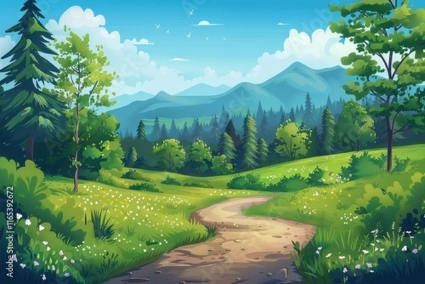 Obraz Winding Path Through Lush Green Forest with Blue Mountains in the Distance
