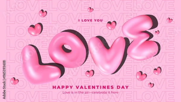 Fototapeta Happy Valentine's Day Banner with LOVE in 3D Inflated balloons Gradient Mesh, Pink Y2K glossy 3D bubble letter, for Web Banner Cover, Advertise, Template, Banner, Social Media, 90s