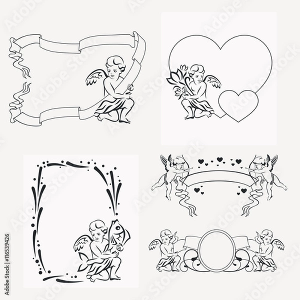 Fototapeta Set of silhouette frames with angels. Design element for banners, labels, prints, posters, web, presentation, invitations, weddings, greeting cards, albums. Vector clip art.