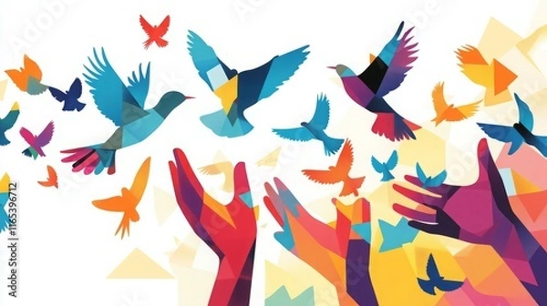 Fototapeta Colorful birds fly towards outstretched hands, symbolizing freedom and hope.