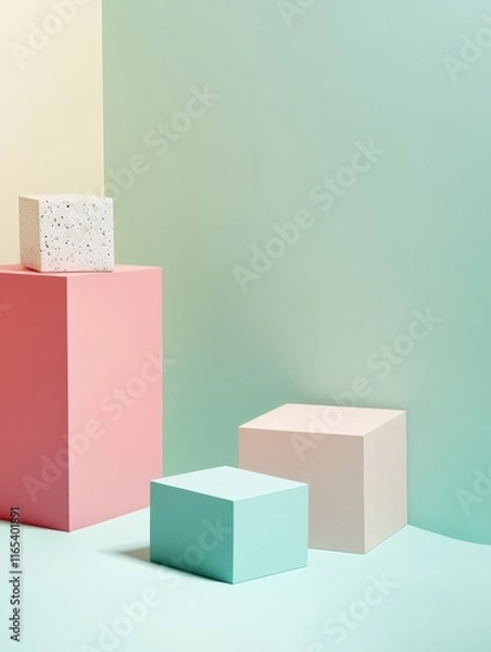 Fototapeta A minimalist arrangement of pastel-colored geometric blocks against a gradient background.