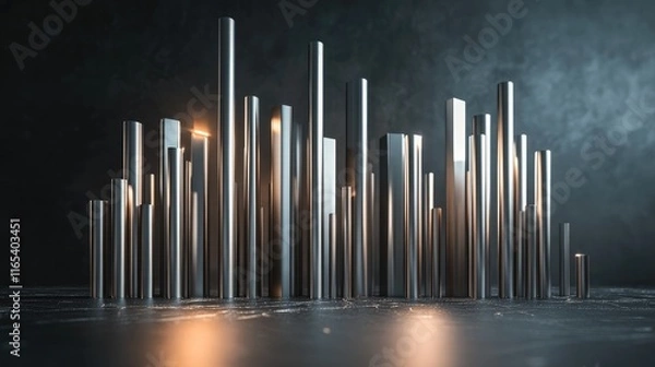 Fototapeta A high-tech D financial bar chart with metallic bars rising from a sleek surface, showing financial performance across multiple periods.