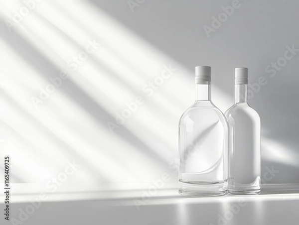 Fototapeta Two clear glass bottles on a surface with soft light and shadows.