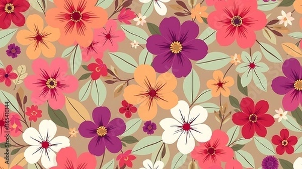 Fototapeta Vibrant Floral Pattern: A captivating seamless design featuring a profusion of colorful flowers in shades of pink, purple, orange, and white, set against a warm brown background.