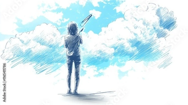 Fototapeta A young woman watches a paper airplane soar into a bright blue sky filled with fluffy clouds.