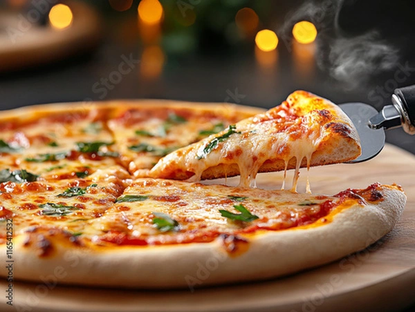 Fototapeta Hot pizza slice being served with melted cheese. Slice of cheesy pizza. 