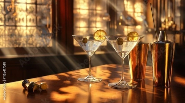 Obraz Martinis and brass shaker on wood table under soft light