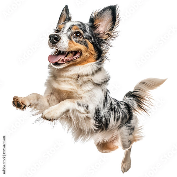 Obraz A playful dog jumping with joy, showcasing energy and happiness in an outdoor setting, perfect for pet-themed projects.