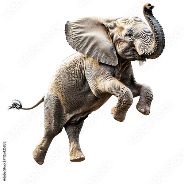 Obraz A playful elephant jumping in mid-air, showcasing its agility and playful nature against a neutral background.