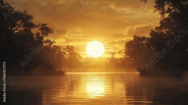 Fototapeta Sun Rising Over a Serene Lake - Generative AI