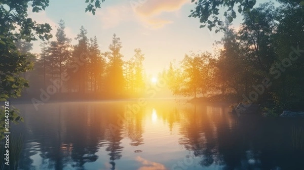 Fototapeta Sun Rising Over a Serene Lake - Generative AI