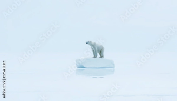 Fototapeta A lone polar bear standing on a smooth ice block in the middle of an endless snowy expanse. The scene is minimalist, with soft blue and white tones dominating the palette. Snow falls lightly