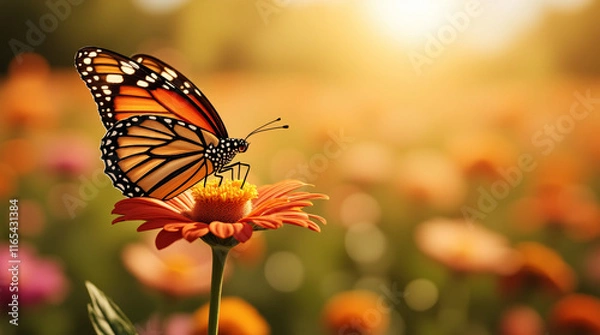 Obraz Vibrant Butterfly on Flower in Sunlit Field