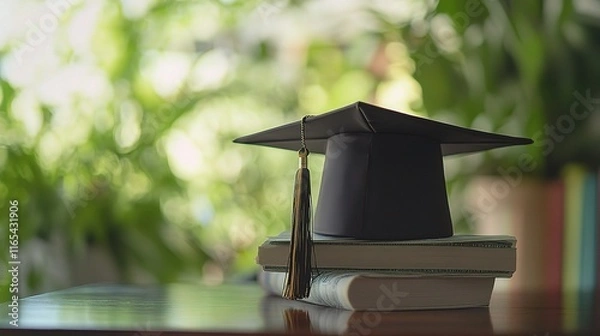 Obraz Graduation Hat on Books Surrounded by Greenery in Bright Setting