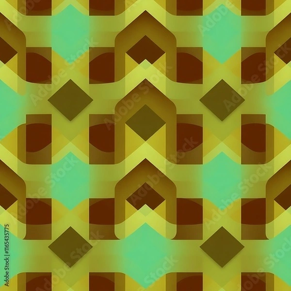Fototapeta Abstract Geometric Pattern: A seamless, repeating pattern of overlapping geometric shapes in shades of green, yellow, and brown. The layered design creates a dynamic and visually captivating texture.