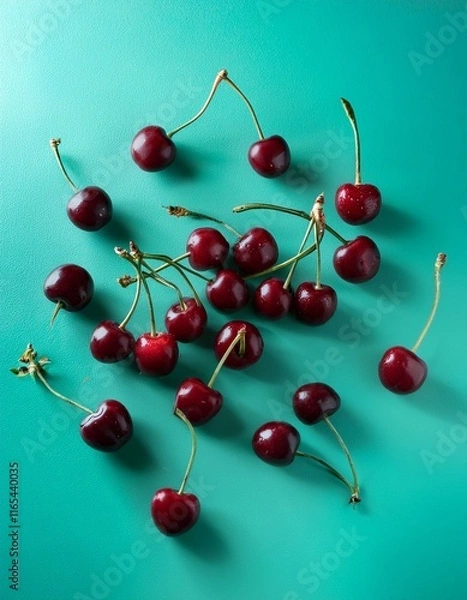 Fototapeta アイスグリーンの背景にさくらんぼが置かれ、シンプルで明るい春の雰囲気を醸し出す爽やかな構図

