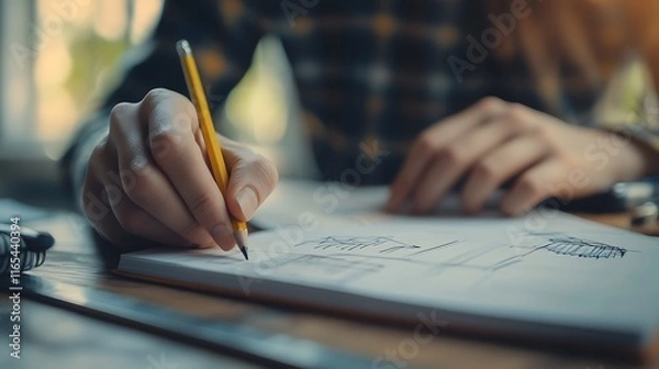 Fototapeta Close-up of artistic hands sketching creative ideas in a minimalist design journal, clean lines and bold shapes visible, sleek desk with modern tools like rulers and pencils,