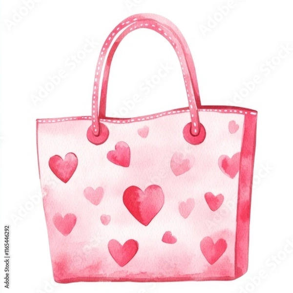Fototapeta Pink Heart Patterned Tote Bag With Shoulder Straps Simple Watercolor Illustration Isolated View