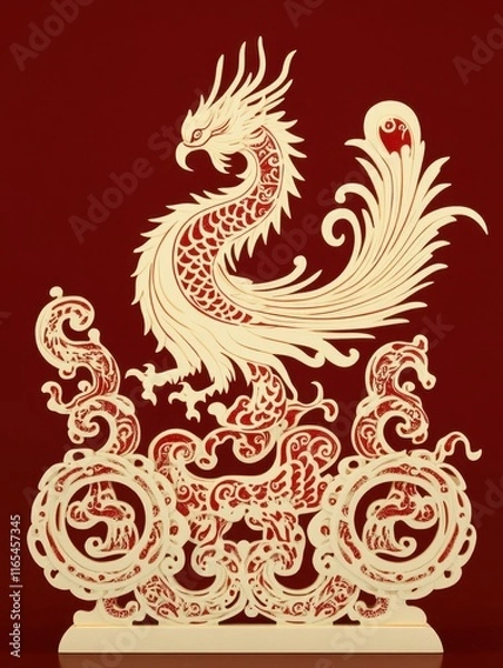 Fototapeta Elegant Paper Cut Design of a Mythical Phoenix on Red Background