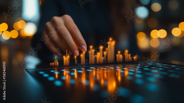 Fototapeta Woman is pointing at a computer screen with a glowing line graph. Concept of focus and determination as the woman examines the data on the screen