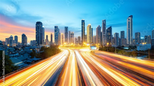 Fototapeta A bustling city at dusk captured with light trails from speeding vehicles, skyscrapers glowing in the background. The image conveys urban energy and progress.