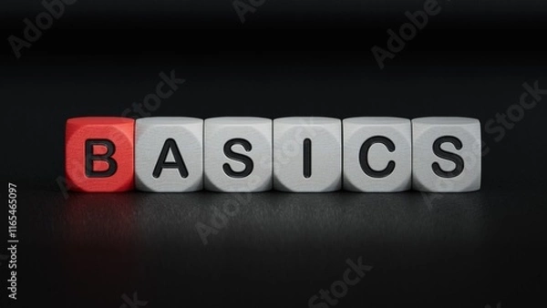 Fototapeta Basics symbol. Concept word Basics on wooden cubes.Business and Basics concept.close up of wooden elements,Business Concept.3D rendering on black background.