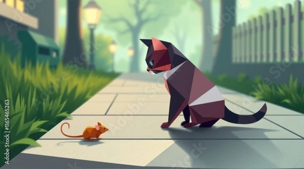 Obraz The cat and mouse are looking at each other.