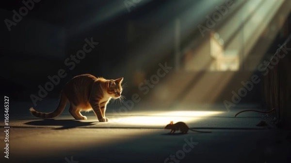 Fototapeta The cat and mouse are looking at each other.