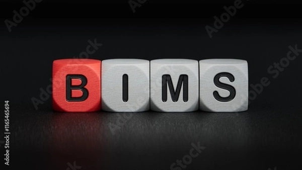 Fototapeta bims word concept. wooden cubes.close up of wooden elements,Business Concept.3D rendering on black background.