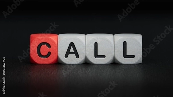 Fototapeta wooden cube block with CALL business word.close up of wooden elements,Business Concept.3D rendering on black background.