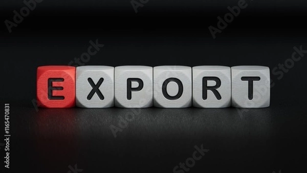 Fototapeta wooden cube block with EXPORT business word.close up of wooden elements,Business Concept.3D rendering on black background.