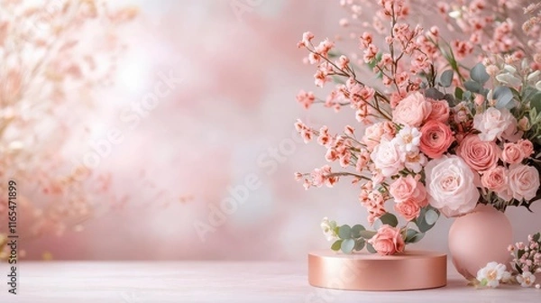 Fototapeta Delicate coral blooms in blush vase, minimalist setting.