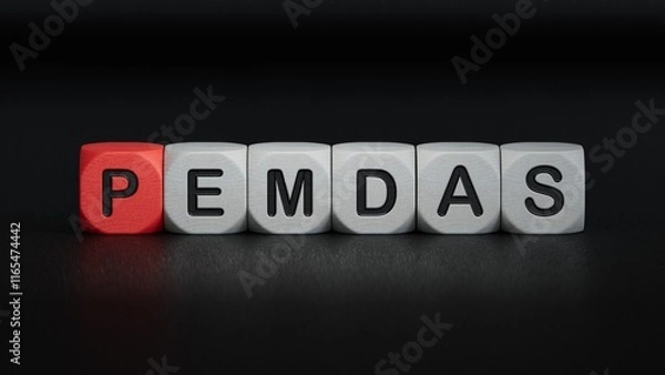 Fototapeta wooden cube block with PEMDAS business word.close up of wooden elements,Business Concept.3D rendering on black background.