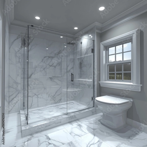 Fototapeta  A 3D rendering of a luxury bathroom featuring marble walls, a frameless glass shower, and soft recessed lighting creating a spa-like ambiance.