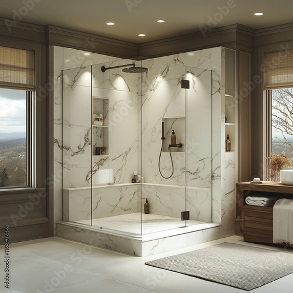 Fototapeta  A 3D rendering of a luxury bathroom featuring marble walls, a frameless glass shower, and soft recessed lighting creating a spa-like ambiance