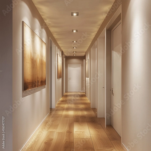 Fototapeta A 3D rendering of a modern hallway with smooth beige walls, recessed lighting, and a polished wooden floor.