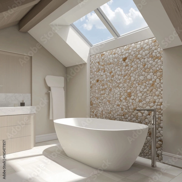 Fototapeta A 3D rendering of a serene bathroom with a freestanding white tub, a pebble-textured accent wall, and a large skylight overhead.