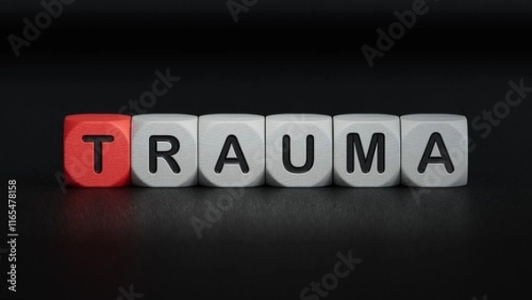 Fototapeta wooden cube block with TRAUMA business word.close up of wooden elements,Business Concept.3D rendering on black background.