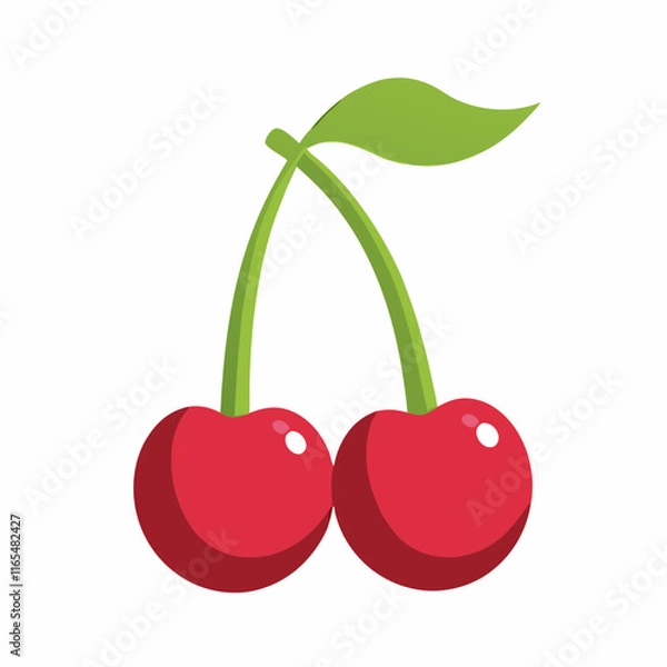 Fototapeta Bright Red Cherry Illustration with Green Leaf on White Background – Fresh and Minimalistic Fruit Design