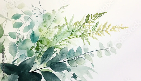 Fototapeta Watercolor green arrangement with fern and eucalyptus leaves in soft green on a white background