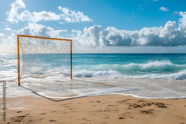Obraz Handball goal set on a scenic beach with ocean waves rolling in the background