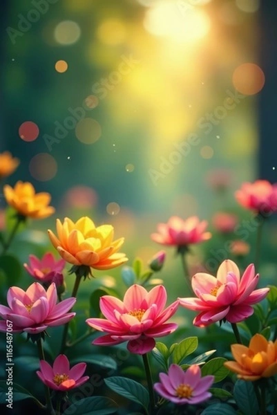 Fototapeta Bright, colorful bokeh circles, blurred floral scene , bokeh, dreamy, flowers