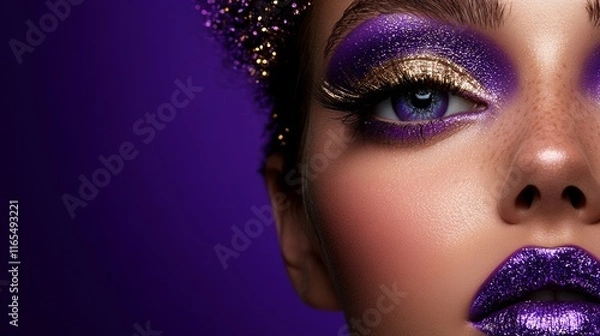 Fototapeta Close-up of sparkling purple and gold makeup on face with glowing highlights and vibrant artistic style