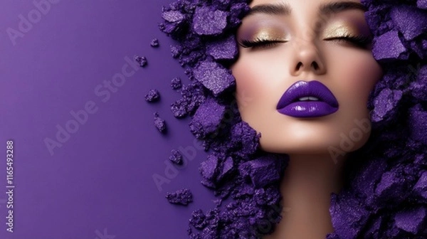 Fototapeta Face framed by purple sparkling textures with closed eyes and bold makeup, creative beauty concept illustration