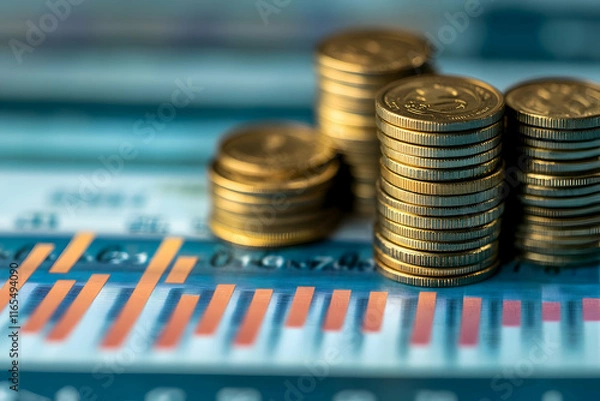Fototapeta Stacked gold coins on a financial chart background, symbolizing wealth, investment, and economic growth.