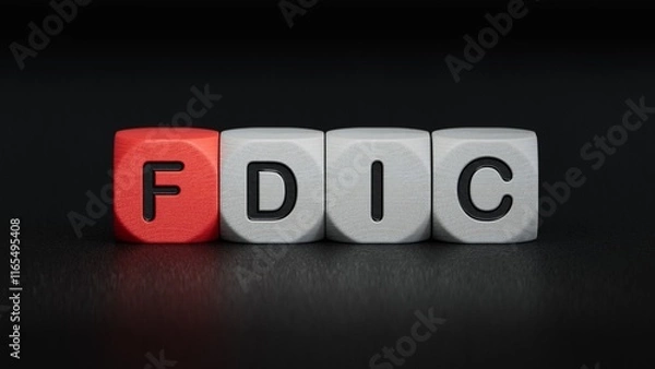 Fototapeta fdic word written on wooden cubes with copy space.close up of wooden elements,Business Concept.3D rendering on black background.