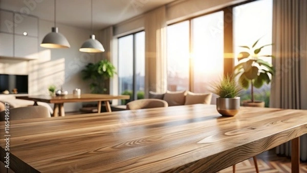 Fototapeta Sunlight streaming through a large window illuminates a wooden dining table in a modern, minimalist home.