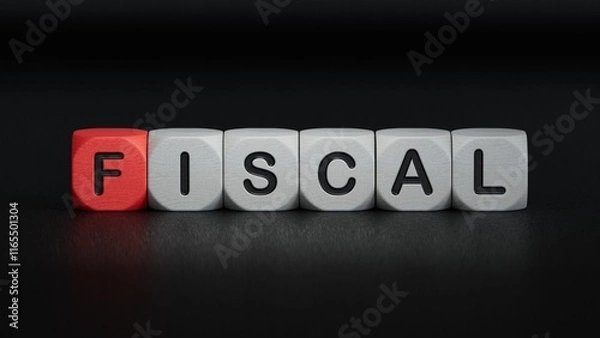 Fototapeta ord fiscal with wooden blocks.close up of wooden elements,Business Concept.3D rendering on black background.